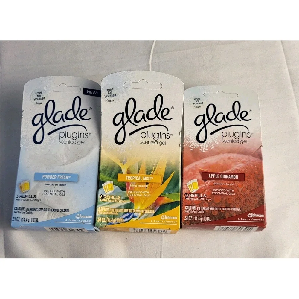 Vtg Glade Plugins Scented Gel Refill Tropical Mist Powder Fresh Apple Cinnamon